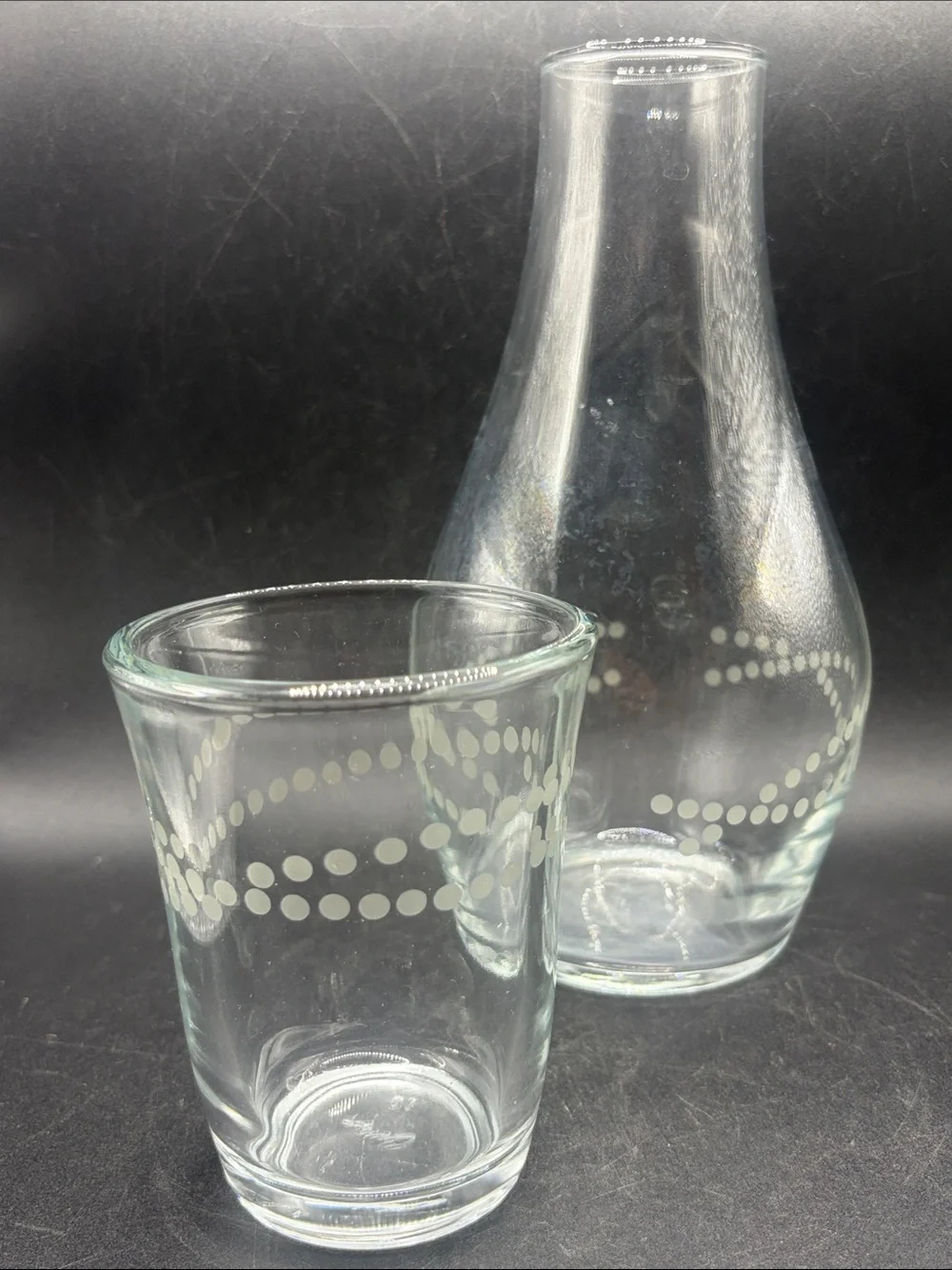 Crisa Glass Vintage Bedside Carafe Decanter & Cup Polka Dot Pattern Glassware